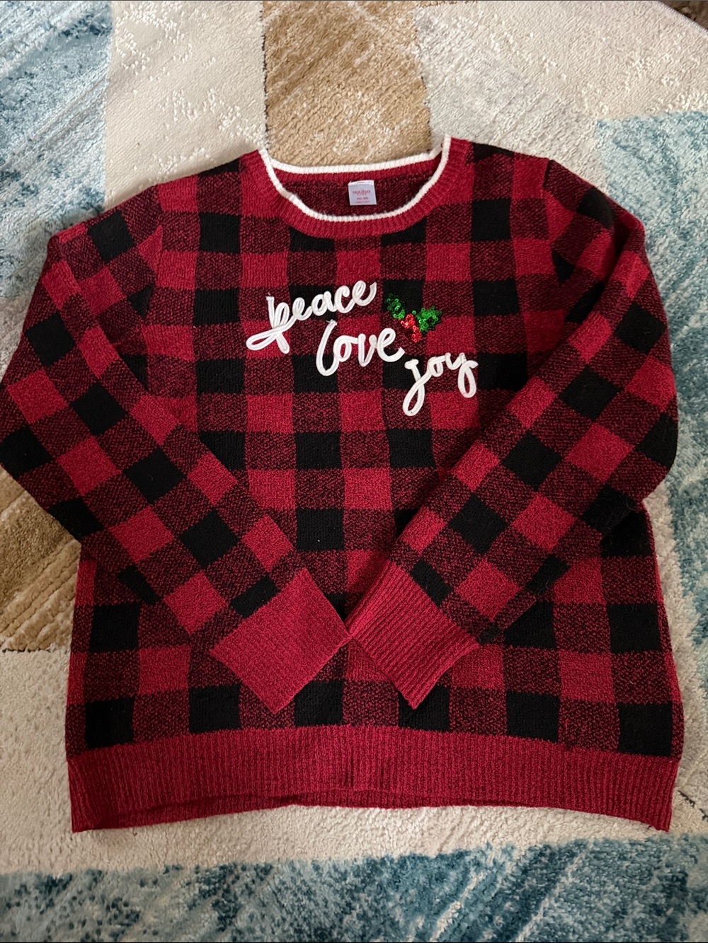 Red & Black Buffalo Plaid "Peace Love Joy" Holiday Sweater